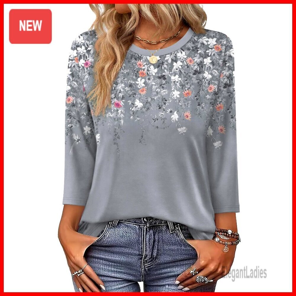 3/4 Sleeve Crew Neck Tunic Top Loose Fit Polyester Spandex Blouse